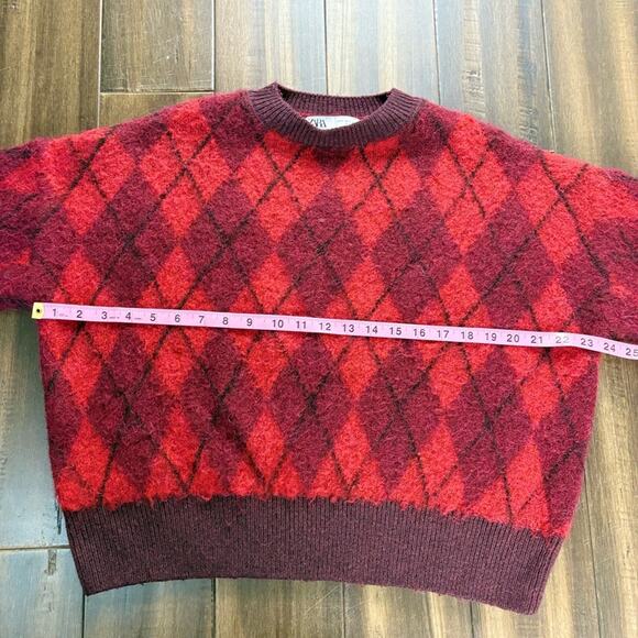 Zara Size S Red Knit Long Sleeve Sweater Chevron Argyle, Ribbed Hem & Cuffs - Picture 8 of 16